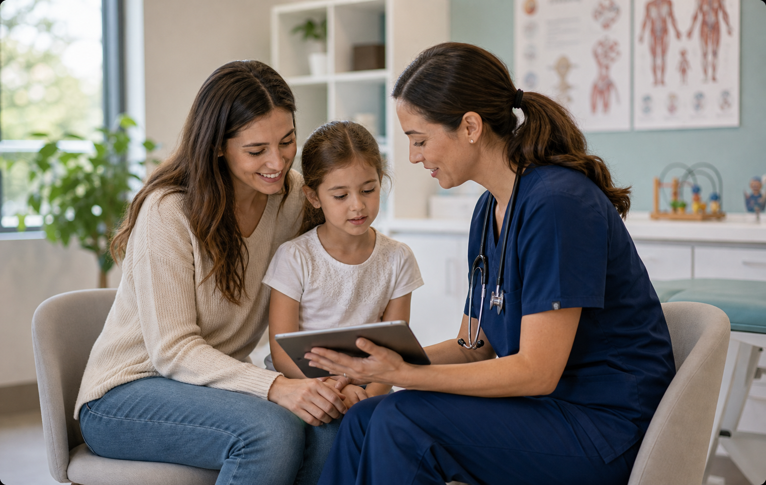 Healthcare professional reviewing care observations with a parent and child in a bright clinic consultation room